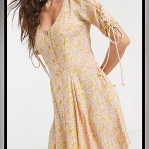 Free People Yellow and Pink Lace-Up Midi Dress